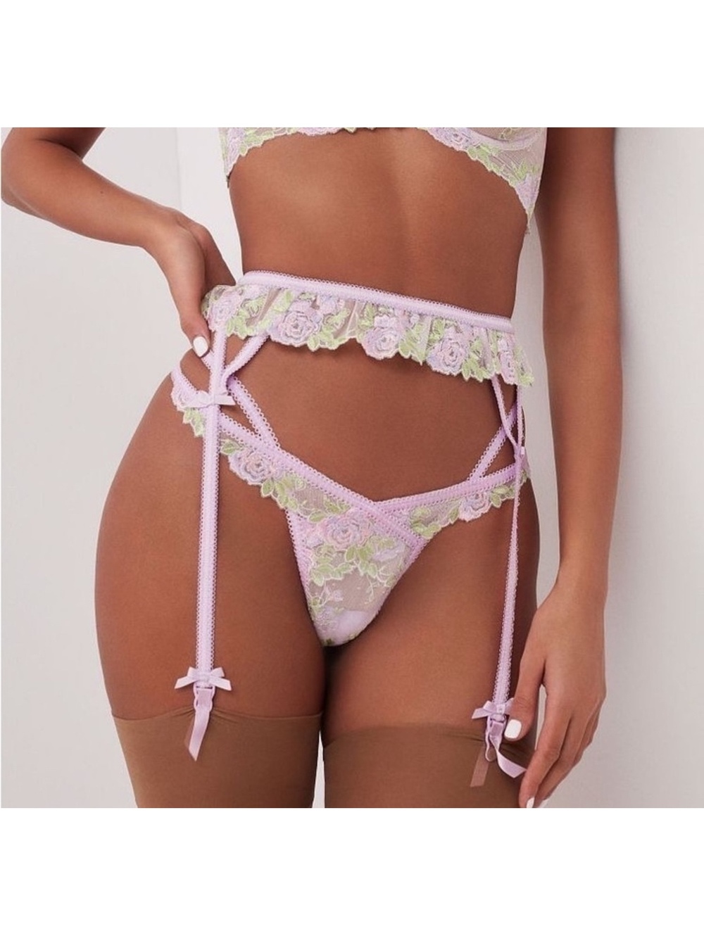 For Love & Lemons Berry Metallic Floral Garter Belt Lilac M NWT